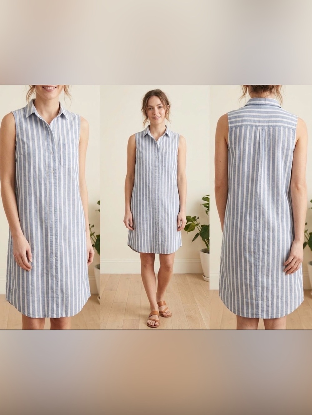 Sleeveless Blue and White Striped Shirt Dress